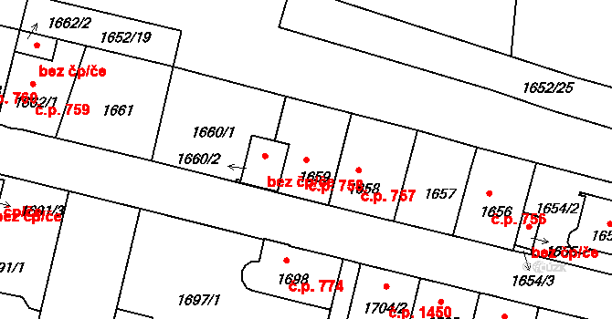 České Budějovice 6 758, České Budějovice na parcele st. 1659 v KÚ České Budějovice 6, Katastrální mapa