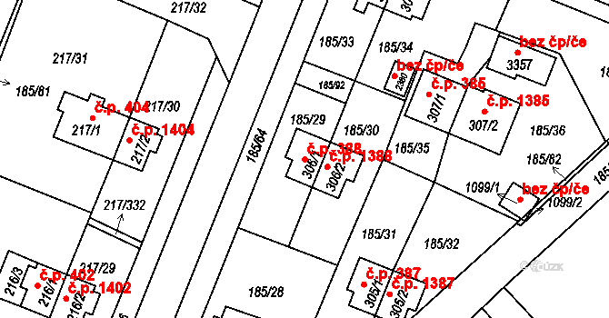 Sezimovo Ústí 388 na parcele st. 306/1 v KÚ Sezimovo Ústí, Katastrální mapa