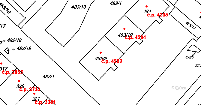 Chomutov 4203 na parcele st. 483/9 v KÚ Chomutov II, Katastrální mapa