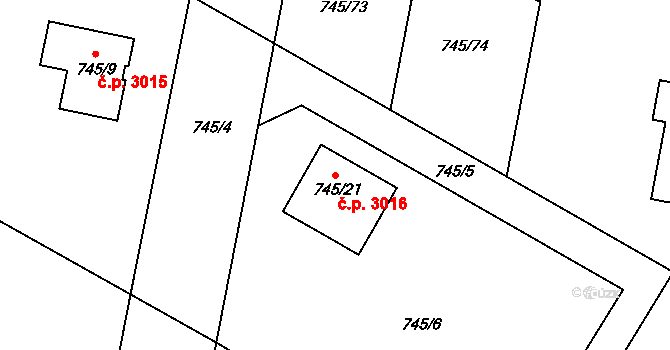 Milovice 3016 na parcele st. 745/21 v KÚ Milovice nad Labem, Katastrální mapa