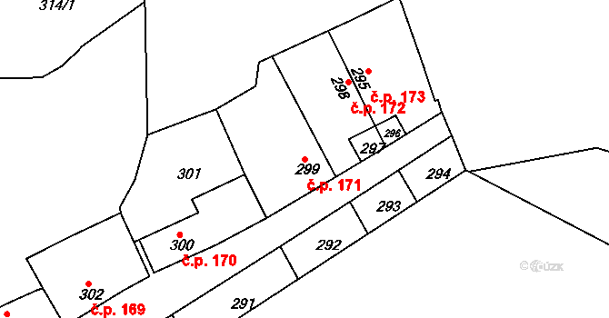 Jemnice 171 na parcele st. 299 v KÚ Jemnice, Katastrální mapa