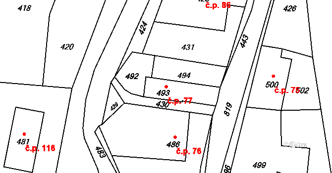 Zátor 77 na parcele st. 493 v KÚ Zátor, Katastrální mapa