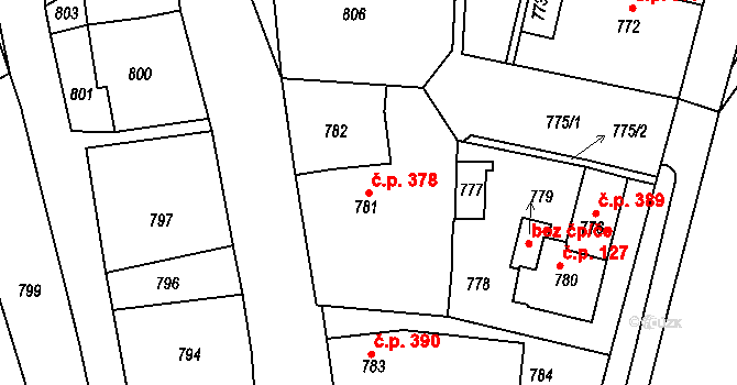 Bystřice nad Pernštejnem 378 na parcele st. 781 v KÚ Bystřice nad Pernštejnem, Katastrální mapa