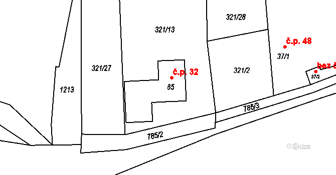 Řeřichy 32 na parcele st. 85 v KÚ Řeřichy, Katastrální mapa