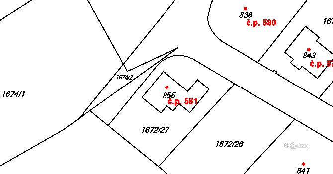 Křižanov 581 na parcele st. 855 v KÚ Křižanov, Katastrální mapa