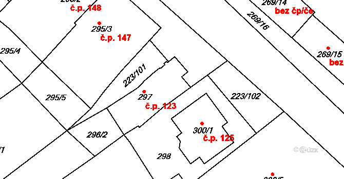 Branišovice 123 na parcele st. 297 v KÚ Branišovice, Katastrální mapa
