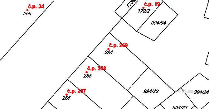 Jevišovice 269 na parcele st. 284 v KÚ Jevišovice, Katastrální mapa