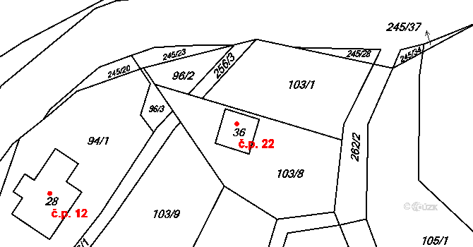 Ploužnice 22, Lomnice nad Popelkou na parcele st. 36 v KÚ Ploužnice pod Táborem, Katastrální mapa