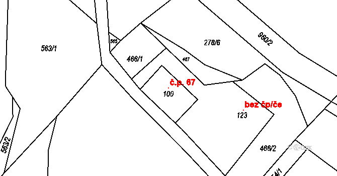 Tuhaň 67, Stružinec na parcele st. 100 v KÚ Tuhaň u Stružince, Katastrální mapa