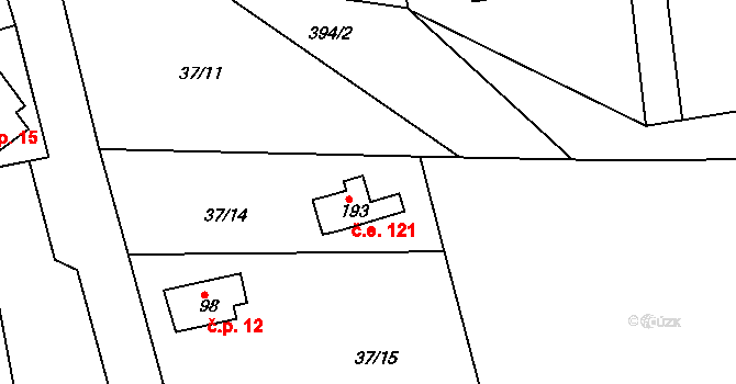 Skuhrov 121 na parcele st. 193 v KÚ Skuhrov pod Brdy, Katastrální mapa