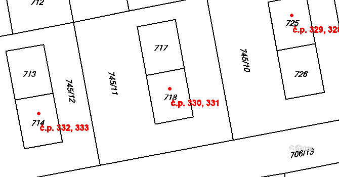 Grygov 330,331 na parcele st. 718 v KÚ Grygov, Katastrální mapa