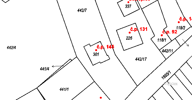 Hluboká u Borovan 145, Borovany na parcele st. 301 v KÚ Hluboká u Borovan, Katastrální mapa