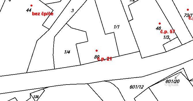 Bučina 21 na parcele st. 89 v KÚ Bučina, Katastrální mapa