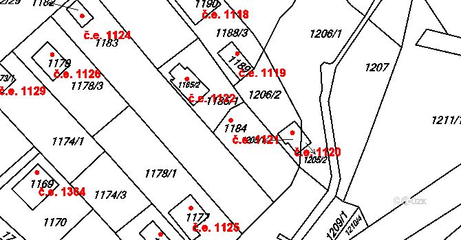 Bystrc 1121, Brno na parcele st. 1184 v KÚ Bystrc, Katastrální mapa