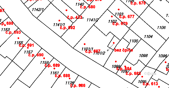 Pelhřimov 687 na parcele st. 1101/1 v KÚ Pelhřimov, Katastrální mapa