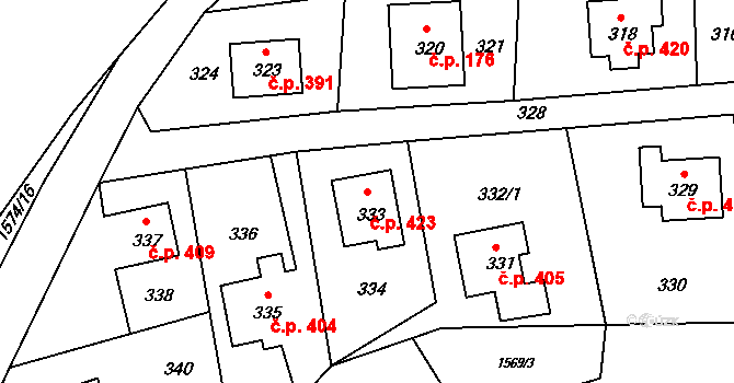 Jablůnka 423 na parcele st. 333 v KÚ Jablůnka, Katastrální mapa