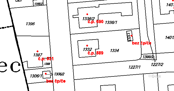 Šeberov 589, Praha na parcele st. 1332 v KÚ Šeberov, Katastrální mapa