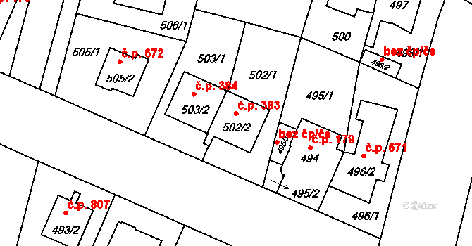 Čimice 383, Praha na parcele st. 502/2 v KÚ Čimice, Katastrální mapa