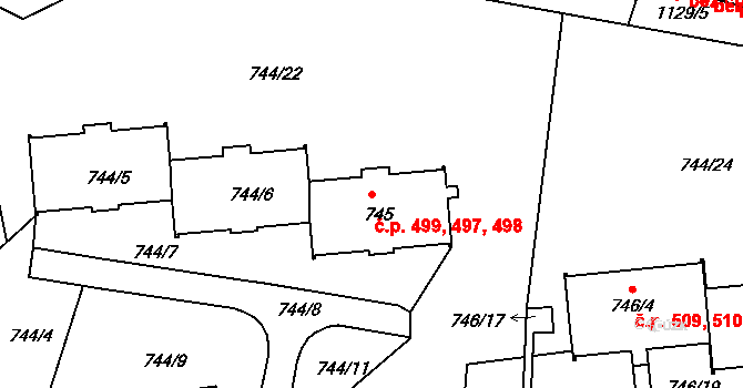 Liberec VII-Horní Růžodol 497,498,499, Liberec na parcele st. 745 v KÚ Horní Růžodol, Katastrální mapa