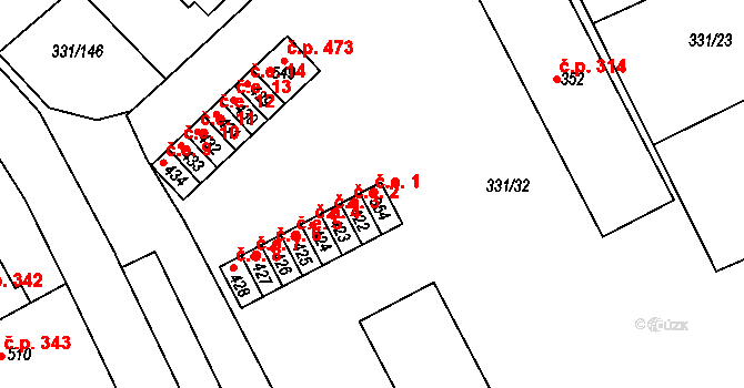 Čebín 1 na parcele st. 354 v KÚ Čebín, Katastrální mapa