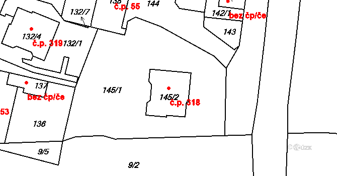 Velké Březno 318 na parcele st. 145/2 v KÚ Velké Březno, Katastrální mapa