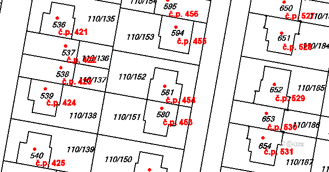Nehvizdy 454 na parcele st. 581 v KÚ Nehvizdy, Katastrální mapa