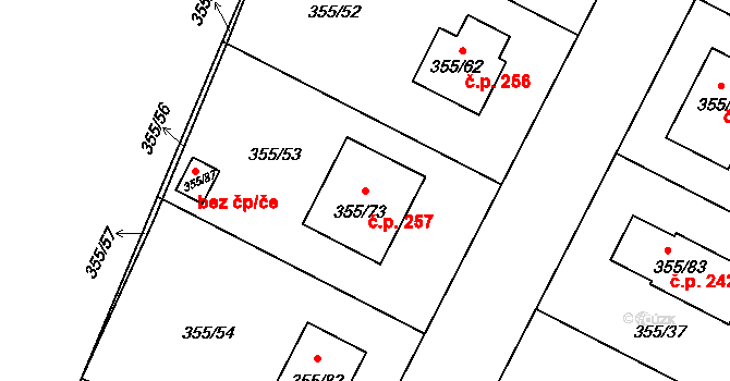Strupčice 257 na parcele st. 355/73 v KÚ Strupčice, Katastrální mapa