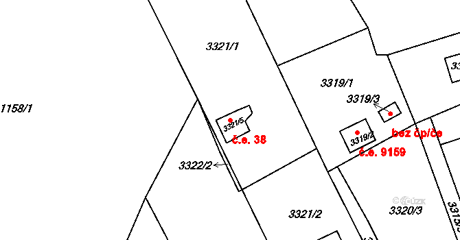 Střekov 38, Ústí nad Labem na parcele st. 3321/5 v KÚ Střekov, Katastrální mapa
