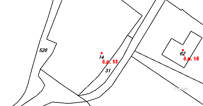 Otín 13 na parcele st. 14 v KÚ Otín u Měřína, Katastrální mapa
