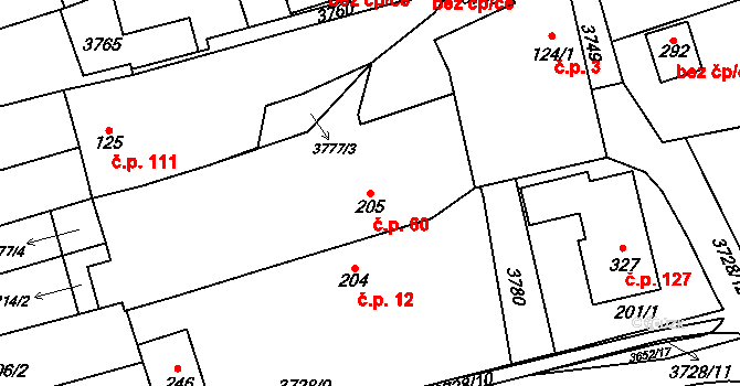 Drnovice 60 na parcele st. 205 v KÚ Drnovice u Valašských Klobouk, Katastrální mapa