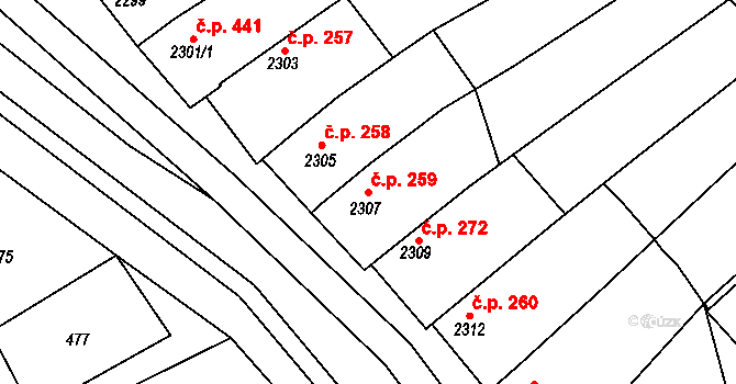 Vlčnov 259 na parcele st. 2307 v KÚ Vlčnov, Katastrální mapa