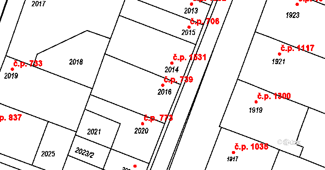 Kunovice 739 na parcele st. 2016 v KÚ Kunovice u Uherského Hradiště, Katastrální mapa