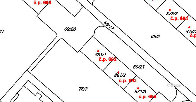 Neratovice 692 na parcele st. 881/1 v KÚ Neratovice, Katastrální mapa