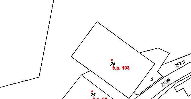 Rabštejn nad Střelou 103, Manětín na parcele st. 74 v KÚ Rabštejn nad Střelou, Katastrální mapa