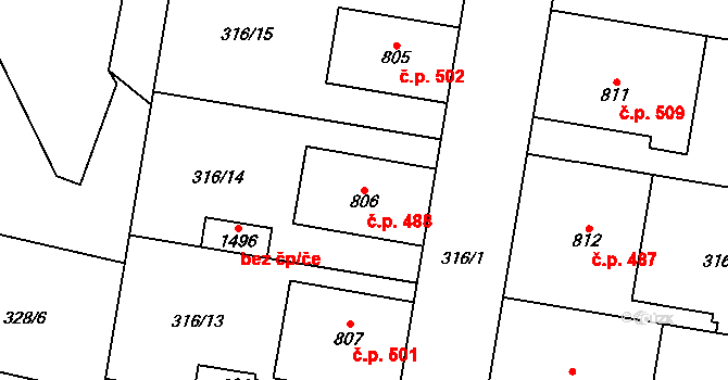 Rosice 488, Pardubice na parcele st. 806 v KÚ Rosice nad Labem, Katastrální mapa
