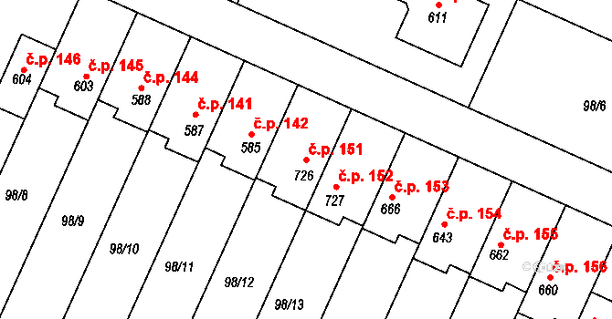 Horoušany 151 na parcele st. 726 v KÚ Horoušany, Katastrální mapa