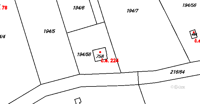 Řitka 224 na parcele st. 758 v KÚ Řitka, Katastrální mapa