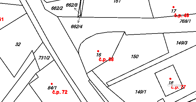 Roveň 58, Rychnov nad Kněžnou na parcele st. 16 v KÚ Roveň u Rychnova nad Kněžnou, Katastrální mapa