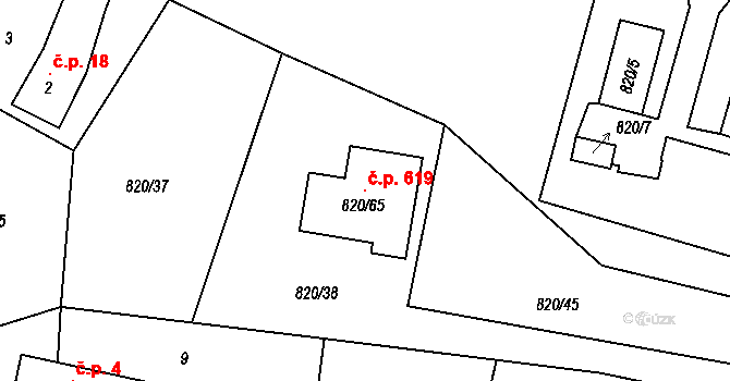 Zruč 619, Zruč-Senec na parcele st. 820/65 v KÚ Zruč, Katastrální mapa