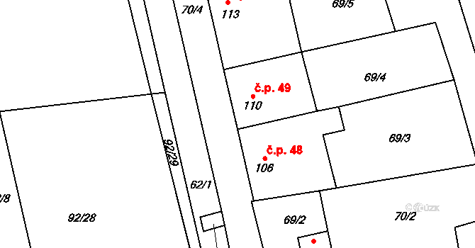 Honětice 49 na parcele st. 110 v KÚ Honětice, Katastrální mapa