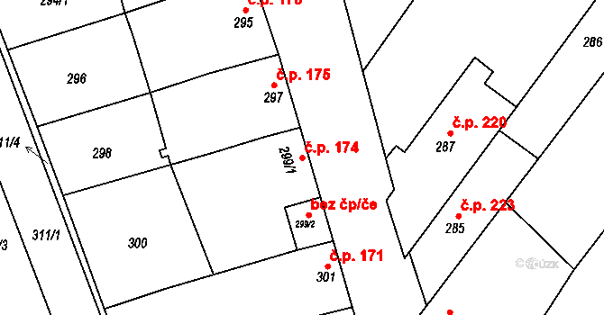 Dobšice 174 na parcele st. 299/1 v KÚ Dobšice u Znojma, Katastrální mapa