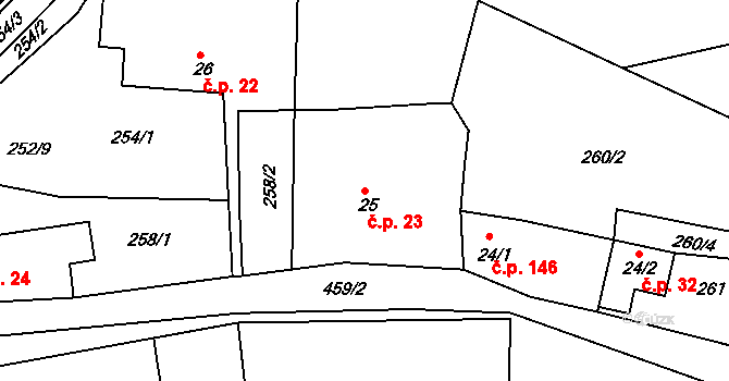 Hostěradice 23, Kamenný Přívoz na parcele st. 25 v KÚ Hostěradice, Katastrální mapa