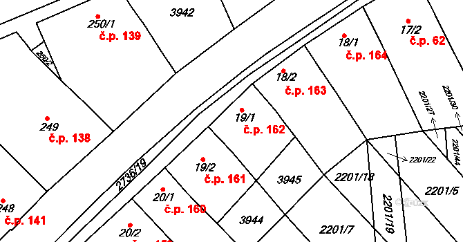 Milotice 162 na parcele st. 19/1 v KÚ Milotice u Kyjova, Katastrální mapa
