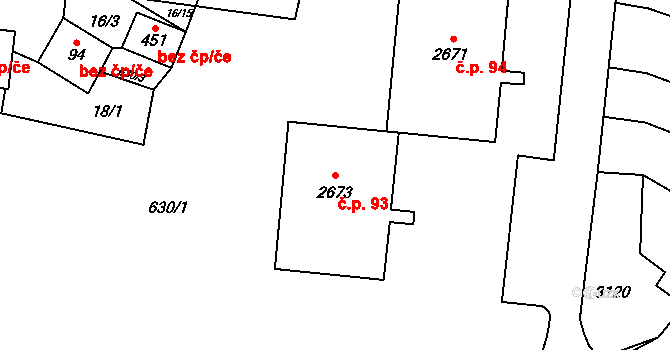 Kyjov 93 na parcele st. 2673 v KÚ Kyjov, Katastrální mapa