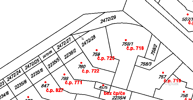 Kyjov 723 na parcele st. 759 v KÚ Kyjov, Katastrální mapa