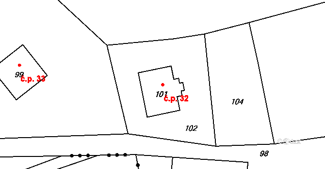 Karlova Studánka 32 na parcele st. 101 v KÚ Karlova Studánka, Katastrální mapa