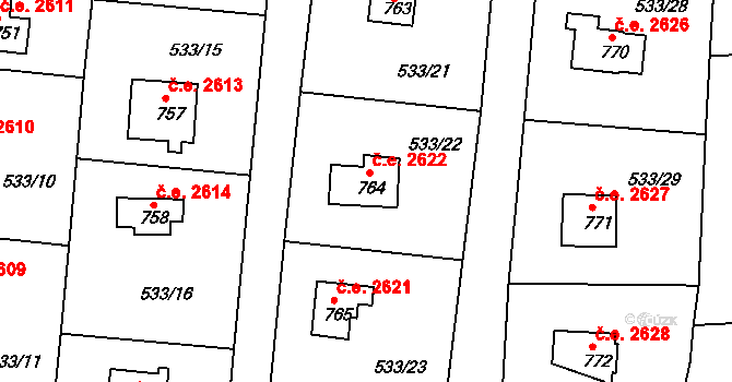 Těptín 2622, Kamenice na parcele st. 764 v KÚ Těptín, Katastrální mapa