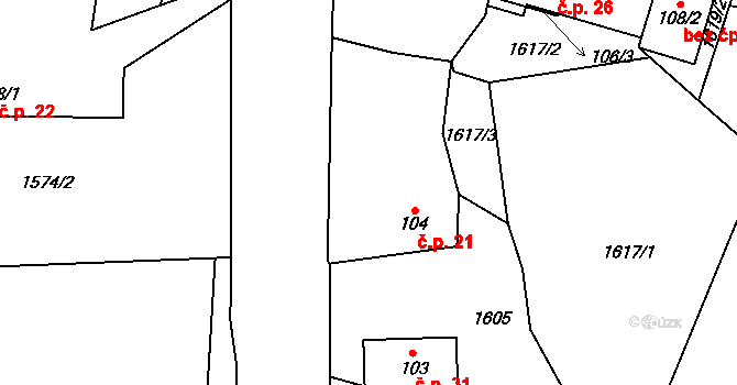 Třemblat 21, Ondřejov na parcele st. 104 v KÚ Třemblat, Katastrální mapa
