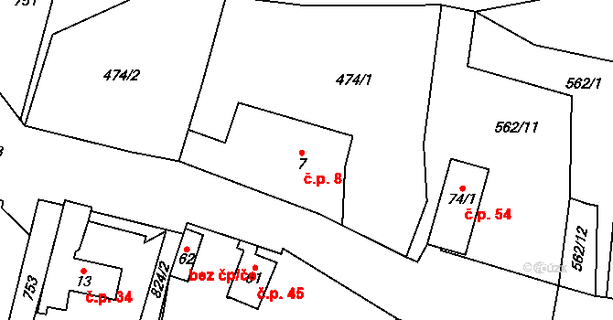 Malíkov 8 na parcele st. 7 v KÚ Malíkov, Katastrální mapa
