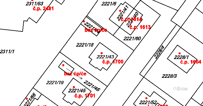 Roudnice nad Labem 1700 na parcele st. 2221/43 v KÚ Roudnice nad Labem, Katastrální mapa